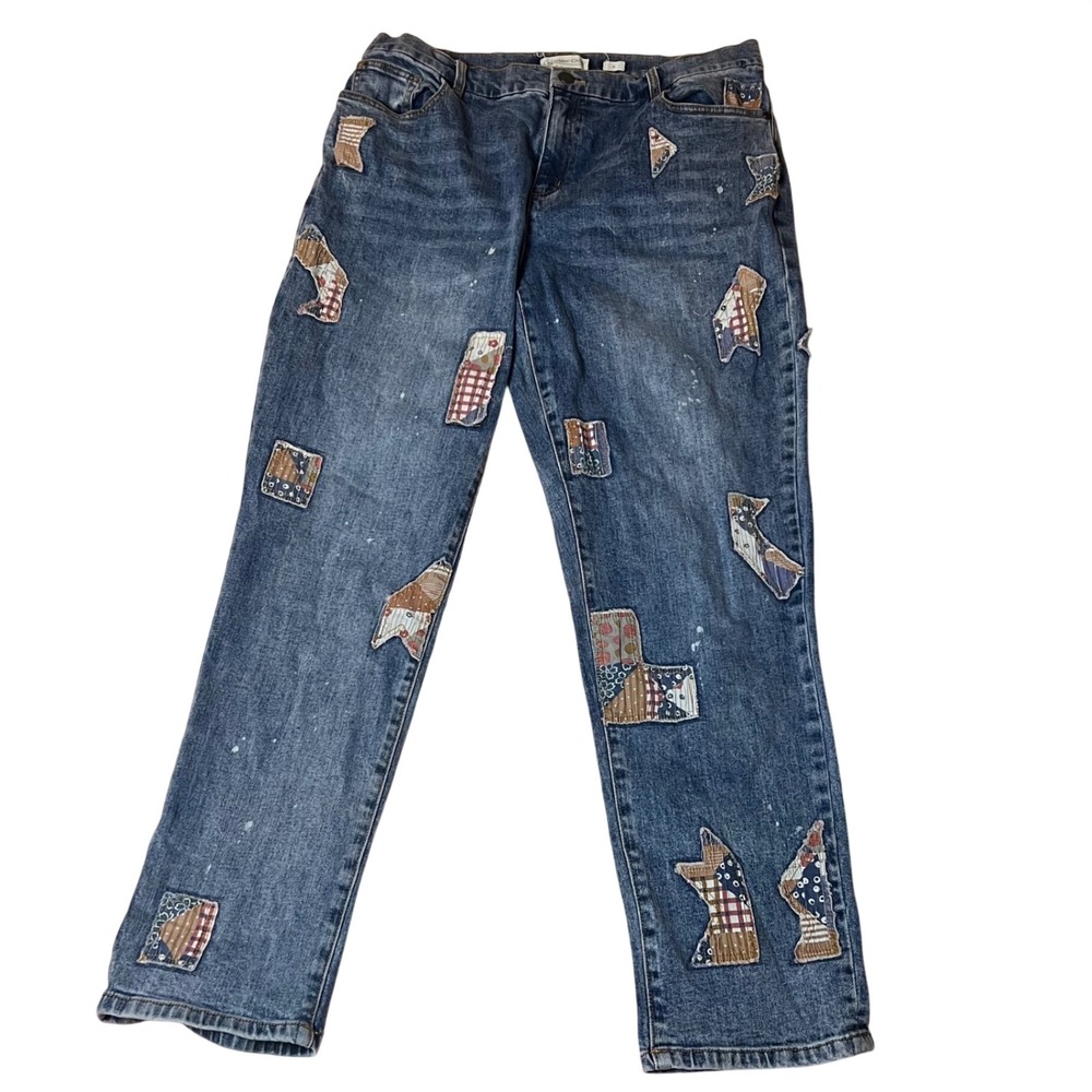 Coldwater Creek Womens Patchwork Star Straight Leg Jeans Blue Medium Wash Sz 16